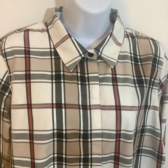 JG Hook Button Blouse Long Sleeve White Gray Plaid PL - Picture 3 of 9